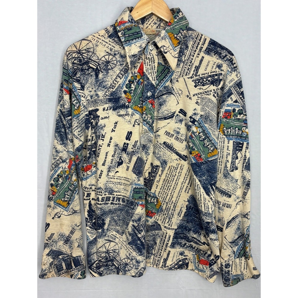 Grants Button Up Shirt Mens Multicolor Historical Newspaper Print L Vintage 90s